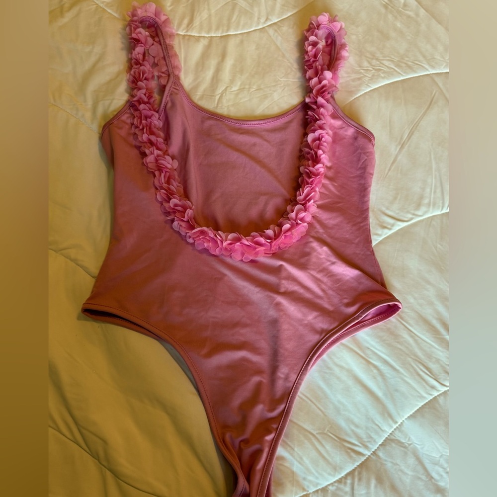 Pink Bodysuit with 3D Flowers Neckline
